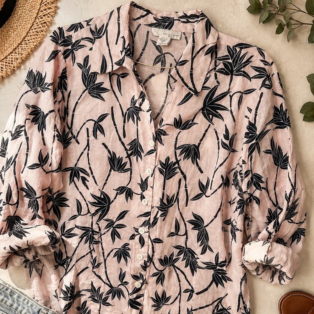 Lucy & Laurel Woman Linen Bamboo Print Blouse XXL Pink Button Up Anthropologie